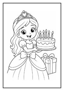 Kleurplaat van een meisje in een prinsessenjurk met een verjaardagstaart en cadeaus omringd door zwevende ballonnen