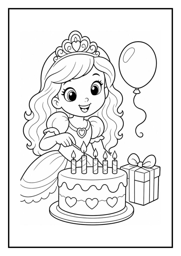 Kleurplaat van een vrolijk meisje met prinsessenkroon dat kaarsjes aansteekt op een verjaardagstaart met ballon en cadeau naast haar.