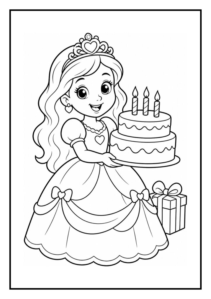 Kleurplaat van een vrolijke prinses die kaarsjes blaast op een verjaardagstaart in de kasteeltuin met een cadeau erbij