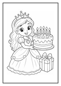Kleurplaat van een prinses die een verjaardagstaart met kaarsjes vasthoudt naast een springend cadeau.