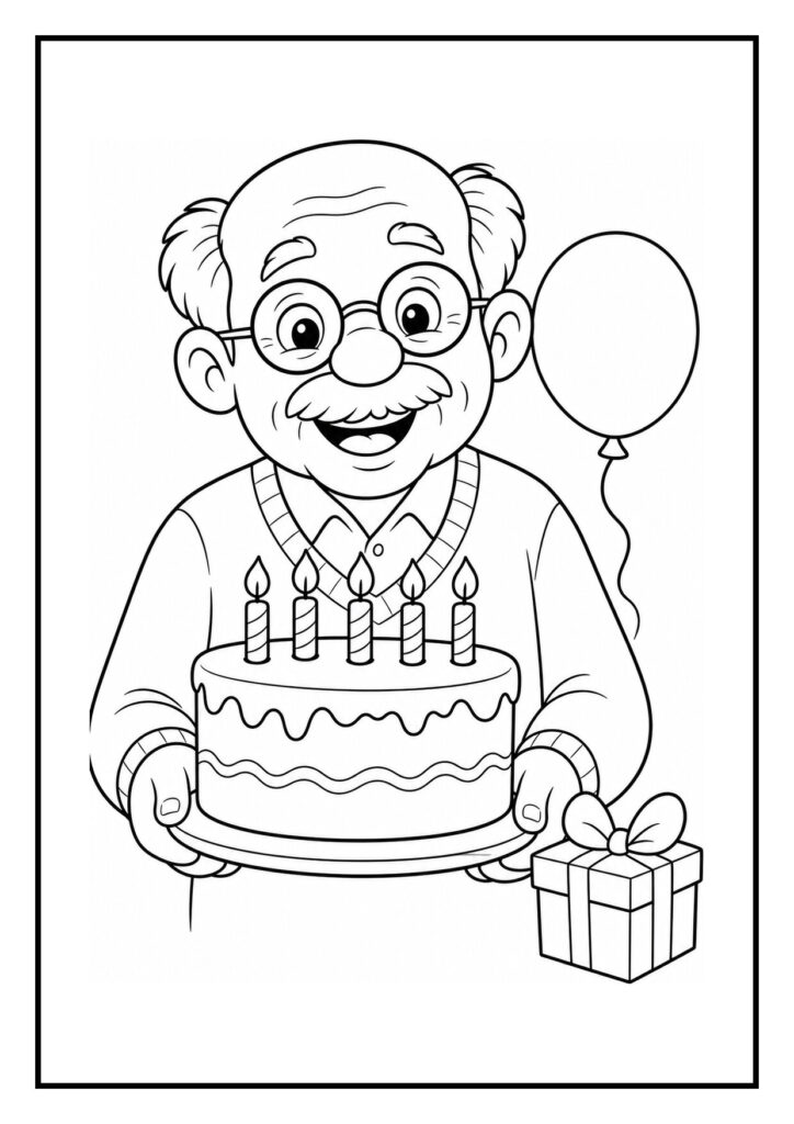 Kleurplaat van een vrolijke oude man met een verjaardagstaart met vijf kaarsjes, een ballon en een cadeau naast zich.