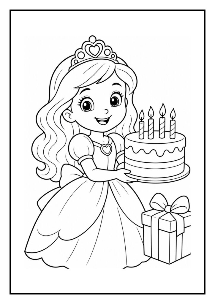 Kleurplaat van een meisje in prinsessenjurk met een verjaardagstaart met kaarsjes en een cadeau bij een fontein