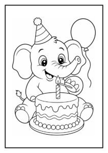 Kleurplaat van een schattige baby olifant met een feesthoedje, ballon en een verjaardagstaart met een kaarsje