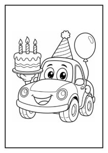 Vrolijke auto met verjaardagsmuts die een taart met drie kaarsen en een ballon vasthoudt