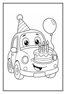Kleurplaat van een vrolijke auto met een feesthoedje, die een verjaardagstaart met kaarsen en een ballon vasthoudt