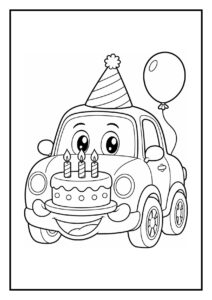 Kleurplaat van een vrolijke auto met verjaardagstaart, muts en ballon in een feestelijke sfeer