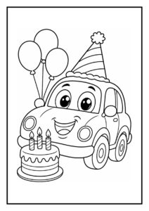 Kleurplaat van een vrolijke auto met een verjaardagshoed, ballonnen en een verjaardagstaart met kaarsen.