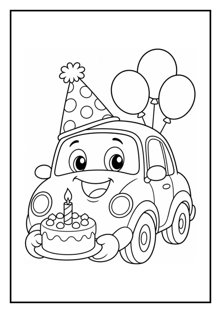 Kleurplaat van een schattige feestelijke auto met feestmuts, ballonnen en een verjaardagstaart omgeven door confetti