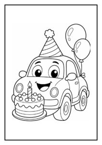 Kleurplaat van een vrolijke auto met een feesthoedje, een verjaardagstaart met kaars en twee ballonnen.