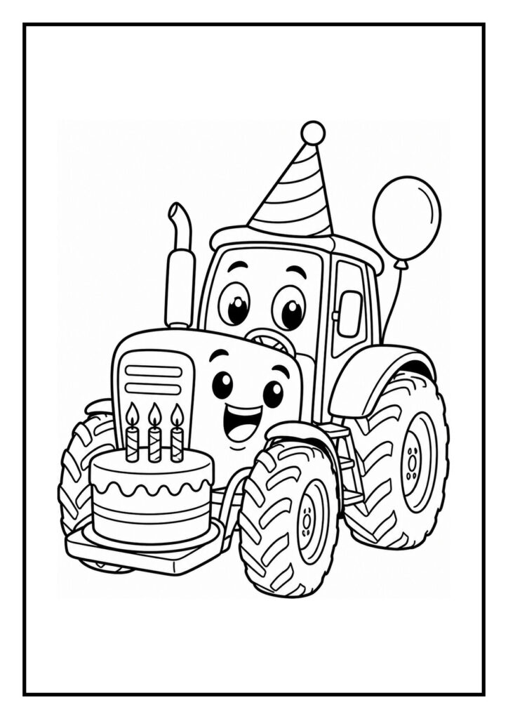 Kleurplaat van een schattige verjaardagstractor met feesthoed, ballon en een taart met kaarsjes op een stapel cadeaus