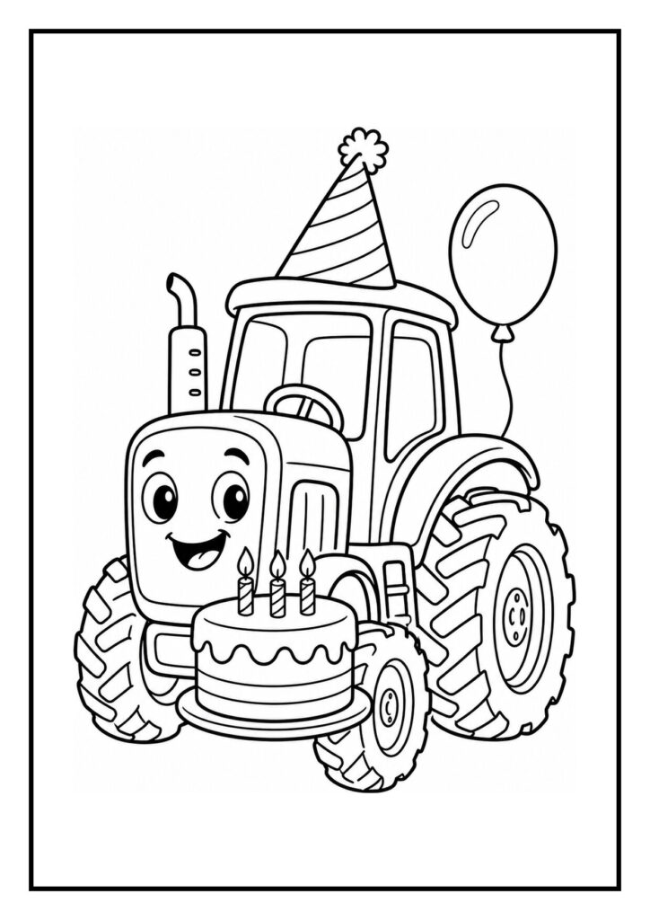 Kleurplaat van een feestelijke tractor met een grote nummerballon, feesthoed en verjaardagstaart met kaarsjes
