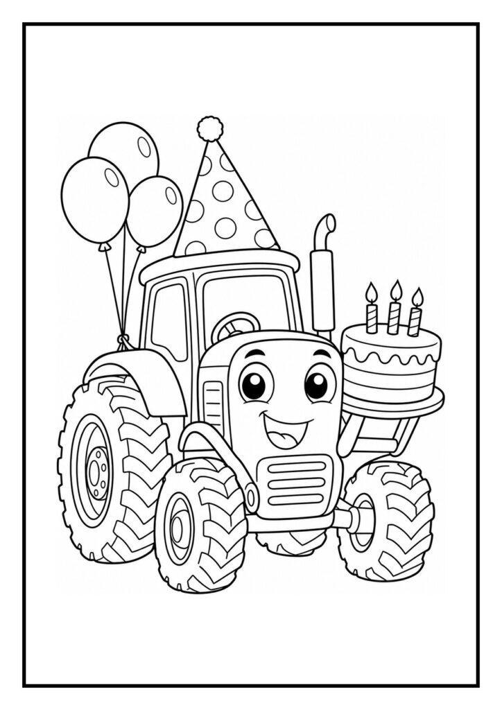Kleurplaat van een schattige verjaardagstractor met een muts, ballonnen, slingers en taart met drie kaarsjes
