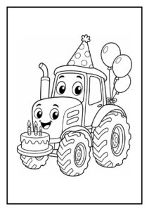 Vrolijke tractor met feesthoed, ballonnen en een verjaardagstaart met kaarsjes op de aanhanger