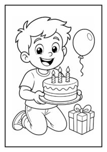 Kleurplaat van een vrolijke jongen die een verjaardagstaart met drie kaarsjes vasthoudt, met een ballon en een cadeau naast zich.