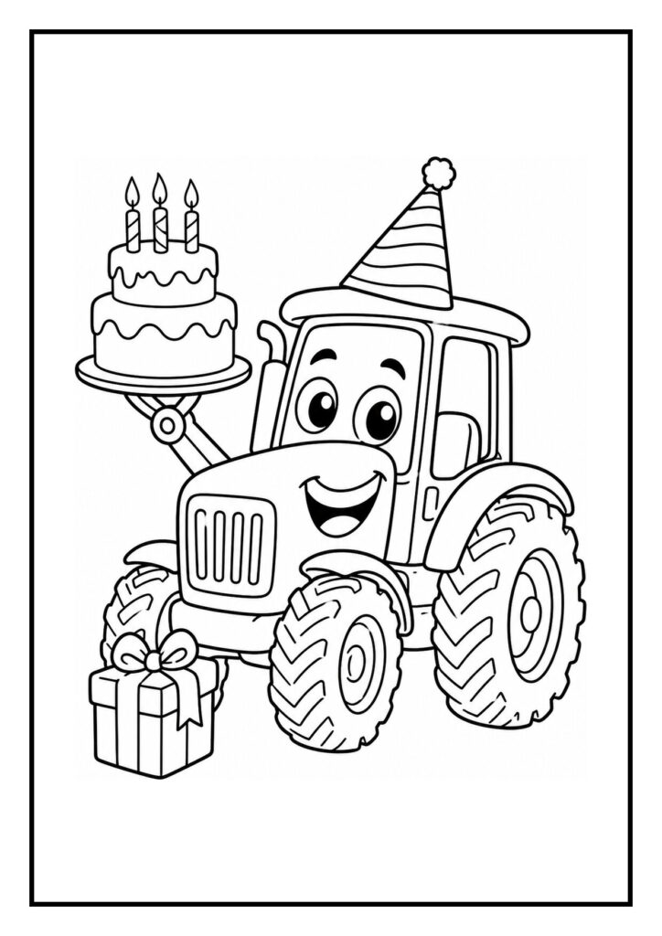 Kleurplaat van een vrolijke tractor met een feestmuts die een verjaardagstaart en een cadeau vasthoudt