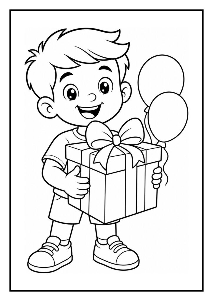 Kleurplaat van een vrolijk jongetje met een groot cadeau en twee ballonnen op een karretje met verjaardagstaart.