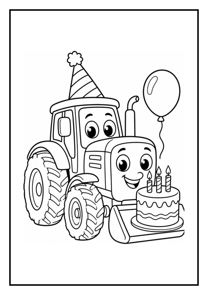 Kleurplaat van een vrolijke tractor met feesthoedje die een taart met drie brandende kaarsjes en een ballon vasthoudt.