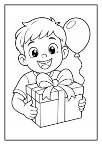 Kleurplaat van een lachende jongen die een cadeau met strik vasthoudt en een grote ballon vasthoudt