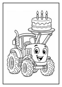 Kleurplaat van een vrolijke tractor met een verjaardagstaart met drie kaarsjes op de laadarm en feestballonnen