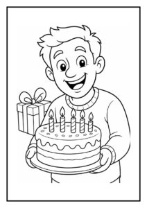 Kleurplaat van een vrolijke jongen die een verjaardagstaart met vijf kaarsjes vasthoudt en een cadeau openmaakt op een feestelijke dag.