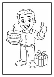 Kleurplaat van een lachende man die een verjaardagstaart met brandende kaars vasthoudt en een duim omhoog steekt naast een cadeau.