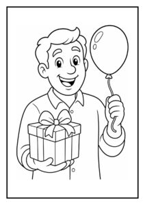 Een lachende man die een cadeau en een ballon vasthoudt op een feestelijke verjaardag kleurplaat.