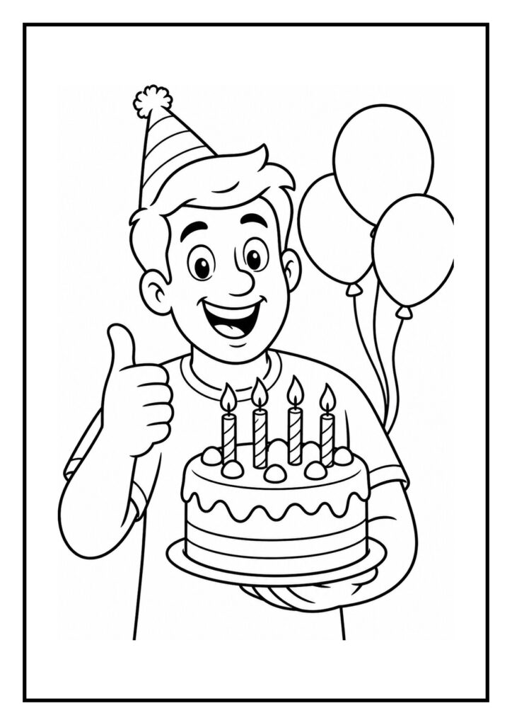 Kleurplaat van een blije jongen met een verjaardagsmuts die een taart met vier kaarsjes vasthoudt en duim omhoog steekt met ballonnen op de achtergrond.