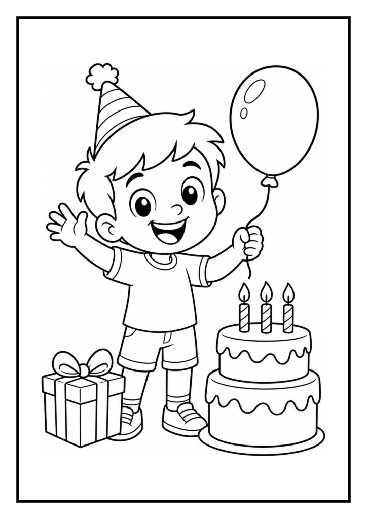 Vrolijk jongetje met verjaardagsmuts die een ballon vasthoudt bij een verjaardagstaart met kaarsjes en een cadeau.