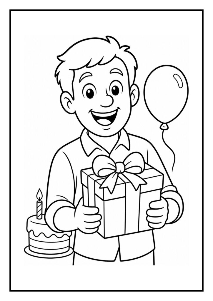 Kleurplaat van een vrolijke jongen met feestmuts, een cadeau, ballonnen en een verjaardagstaart met kaarsje in de hand.