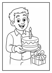 Kleurplaat van een jongen die een verjaardagstaart vasthoudt met een brandende kaars en een cadeau naast zich