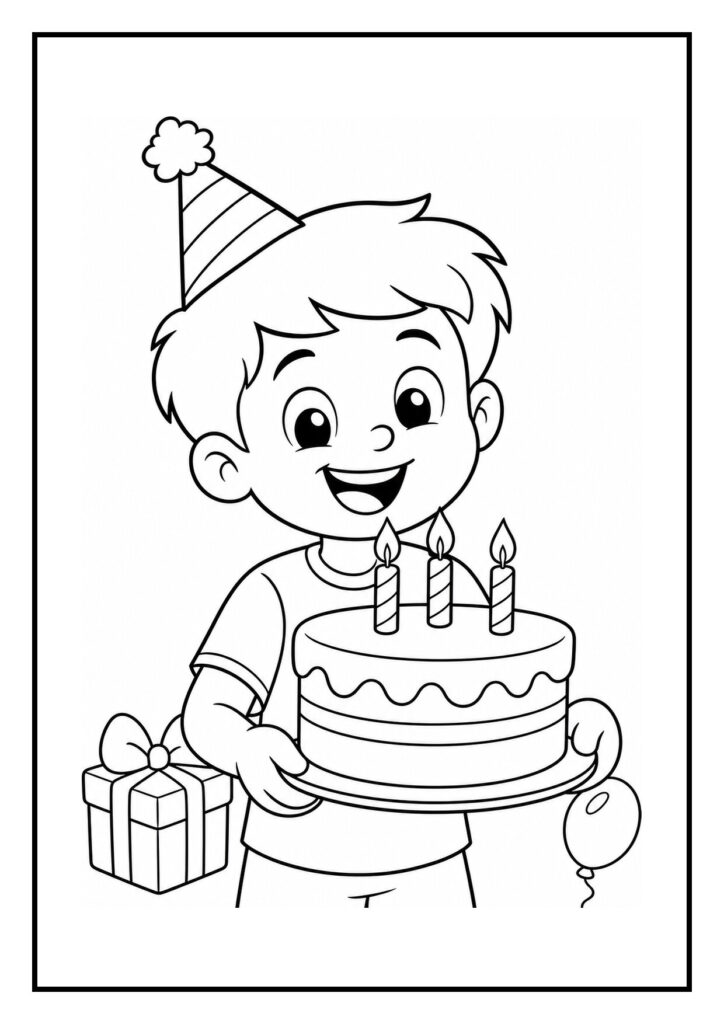 Kleurplaat van een jongen met feestmuts die een verjaardagstaart met drie kaarsjes vasthoudt en een cadeau naast zich, terwijl een ballon bijna wegvliegt