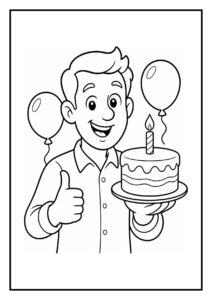 Kleurplaat van een man die vrolijk een verjaardagstaart met kaars vasthoudt aan een feesttafel met ballonnen