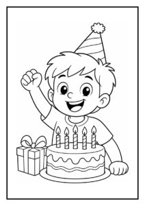 Kleurplaat van een vrolijke jongen met een feestmuts, een taart met kaarsjes en een cadeau.