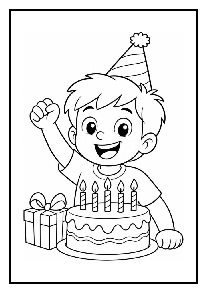 Kleurplaat van een vrolijke jongen met een feestmuts, een taart met kaarsjes en een cadeau.