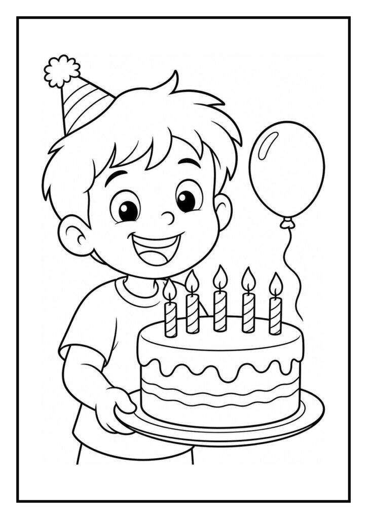 Kleurplaat van een vrolijke jongen met een verjaardagshoedje die een taart met vijf kaarsen vasthoudt en een ballon erbij.