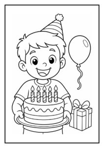 Kleurplaat van een jongen met een feestmuts die een verjaardagstaart met kaarsen vasthoudt, met een ballon en een cadeau op de achtergrond