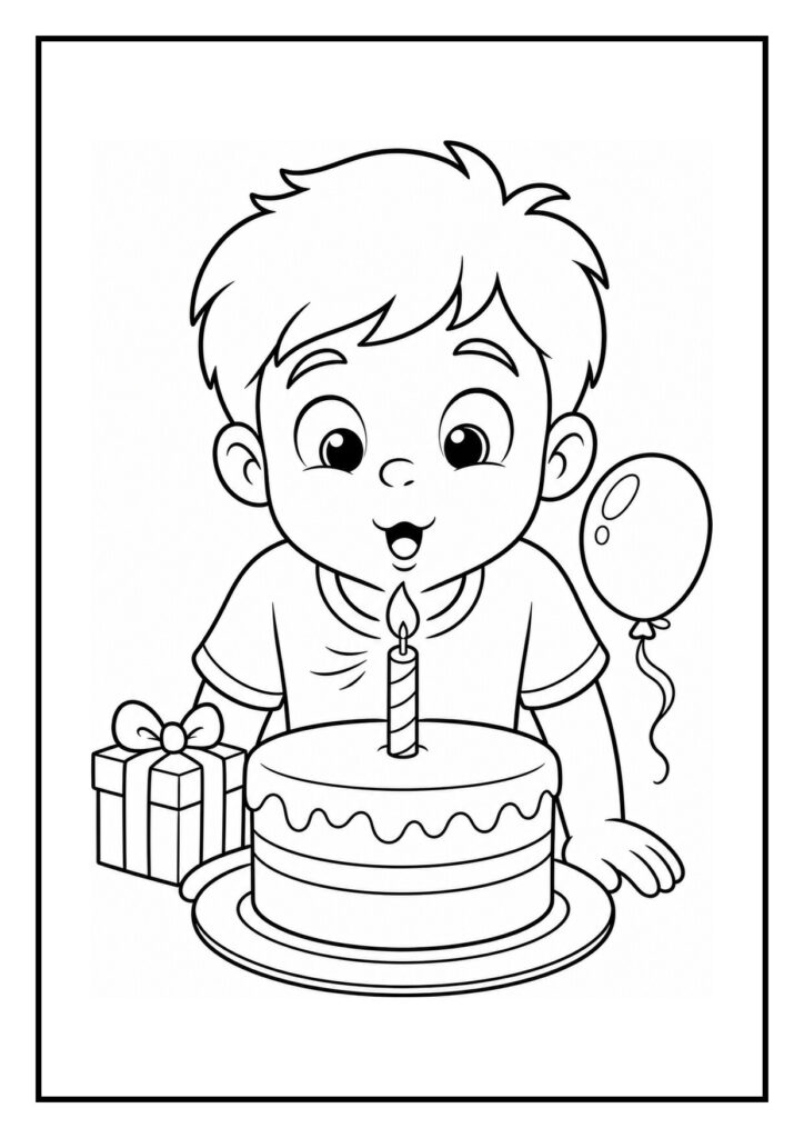 Een jongen die voor een verjaardagstaart staat en een stapel cadeautjes omgooit met een ballon op de achtergrond