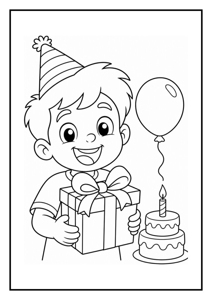 Kleurplaat van een vrolijk jongetje met een feesthoed dat een cadeau vasthoudt, naast een verjaardagstaart met een kaars en een ballon.