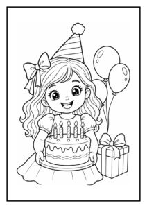 Kleurplaat van een meisje met verjaardagsmuts die de eerste kaars uitblaast op een taart met ballonnen en cadeau