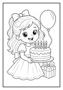 Kleurplaat van een meisje met verjaardagstaart die ballonnen loslaat en een cadeau vasthoudt