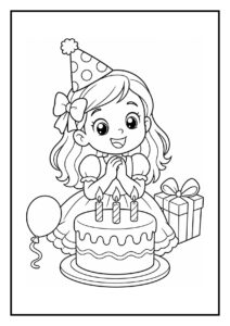 Kleurplaat van een vrolijk meisje dat haar verjaardag viert met een taart, kaarsjes, ballonnen en een cadeau