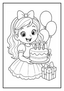 Kleurplaat van een meisje dat een verjaardagstaart met drie kaarsjes vasthoudt, omringd door ballonnen en een cadeau