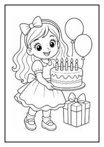 Kleurplaat van een meisje met een grote verjaardagstaart met kaarsjes, ballonnen en een cadeau