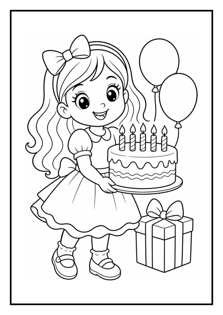 Kleurplaat van een meisje met een grote verjaardagstaart met kaarsjes, ballonnen en een cadeau