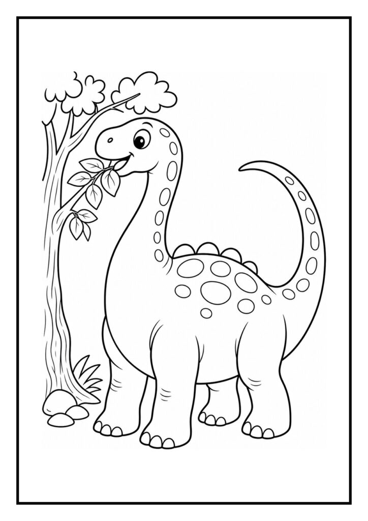 Kleurplaat van een schattige diplodocus die bladeren eet door naar de hoogste boomtop te reiken in het bos