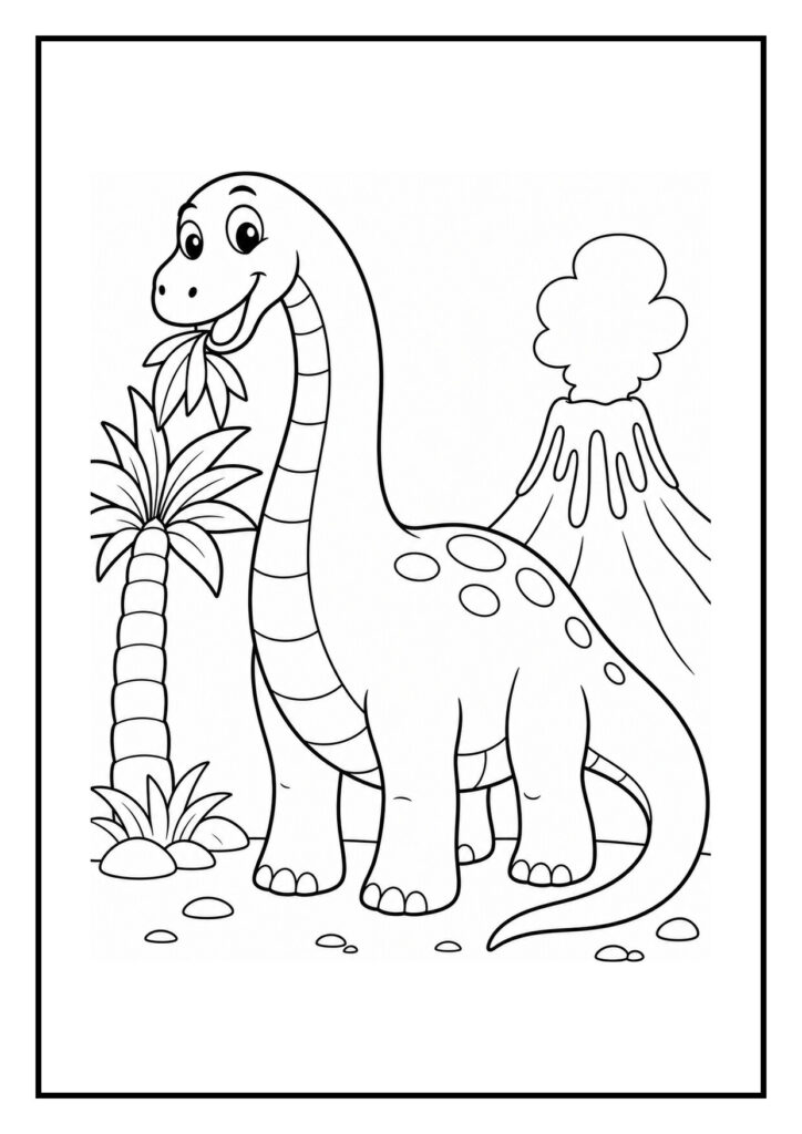 Vrolijke diplodocus eet bladeren en beschermt een klein nestje bij een rokende vulkaan met een palmboom op de achtergrond