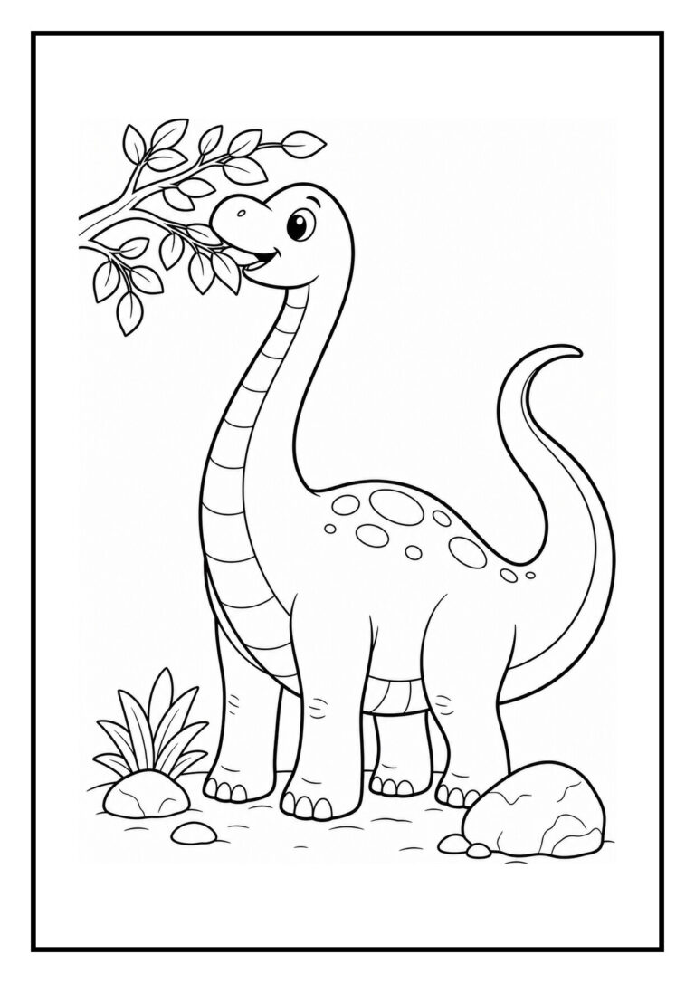 Leuke kleurplaat van een vrolijke diplodocus die door een modderplas glijdt in een bosrijke omgeving.