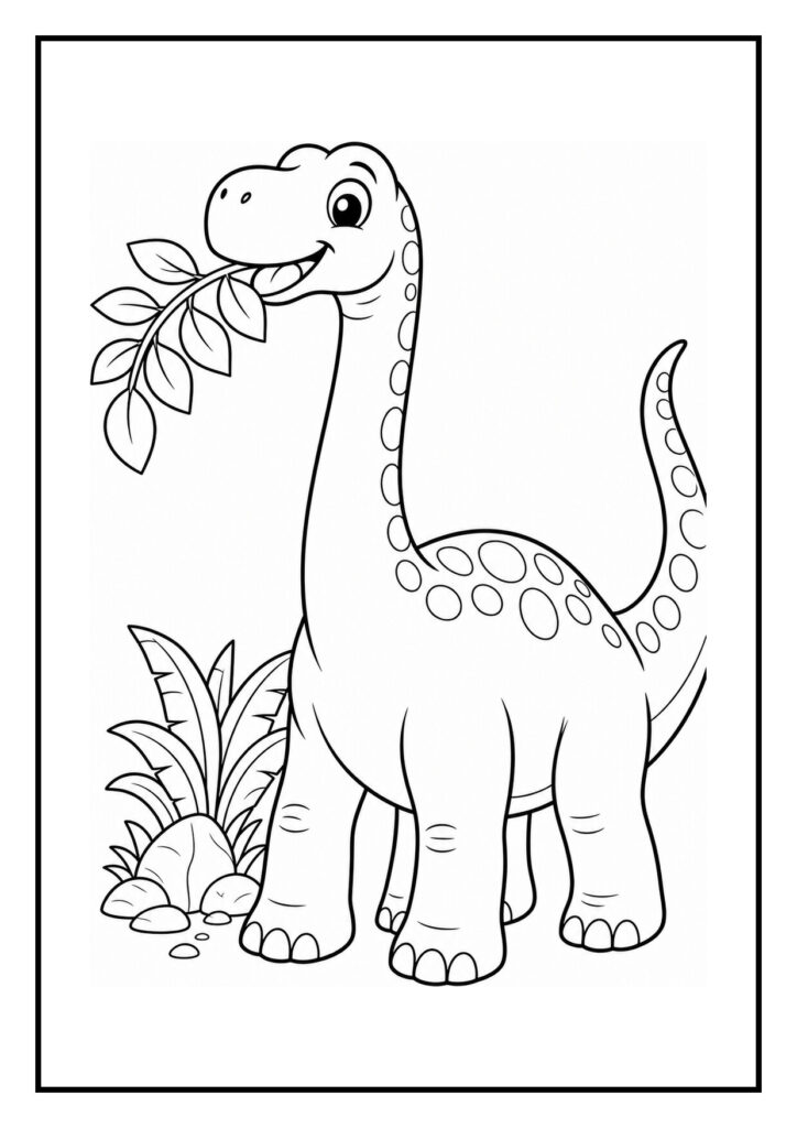 Kleurplaat van een vrolijke Diplodocus die een jong dinosaurusje door een bos met bladeren leidt