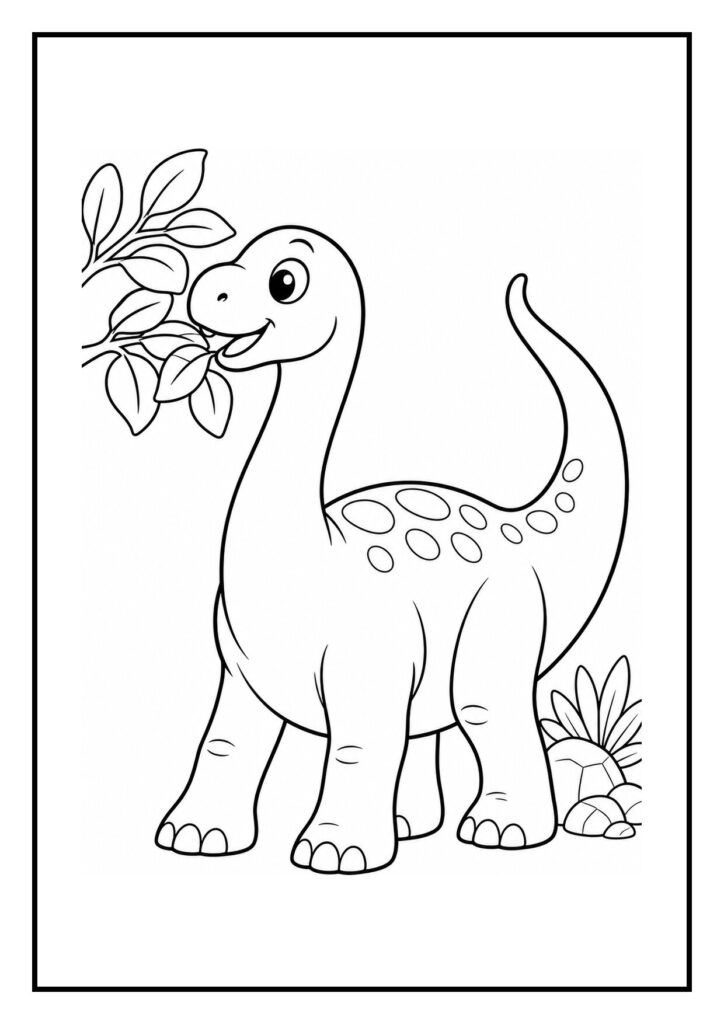 Schattige kleurplaat van een vrolijke Diplodocus dinosaurus die een niesbui krijgt door een pluimvaren in een bosrijke omgeving.