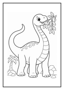 Kleurplaat van een Diplodocus die vrolijk met zijn staart een bal vangt in een eenvoudige scène